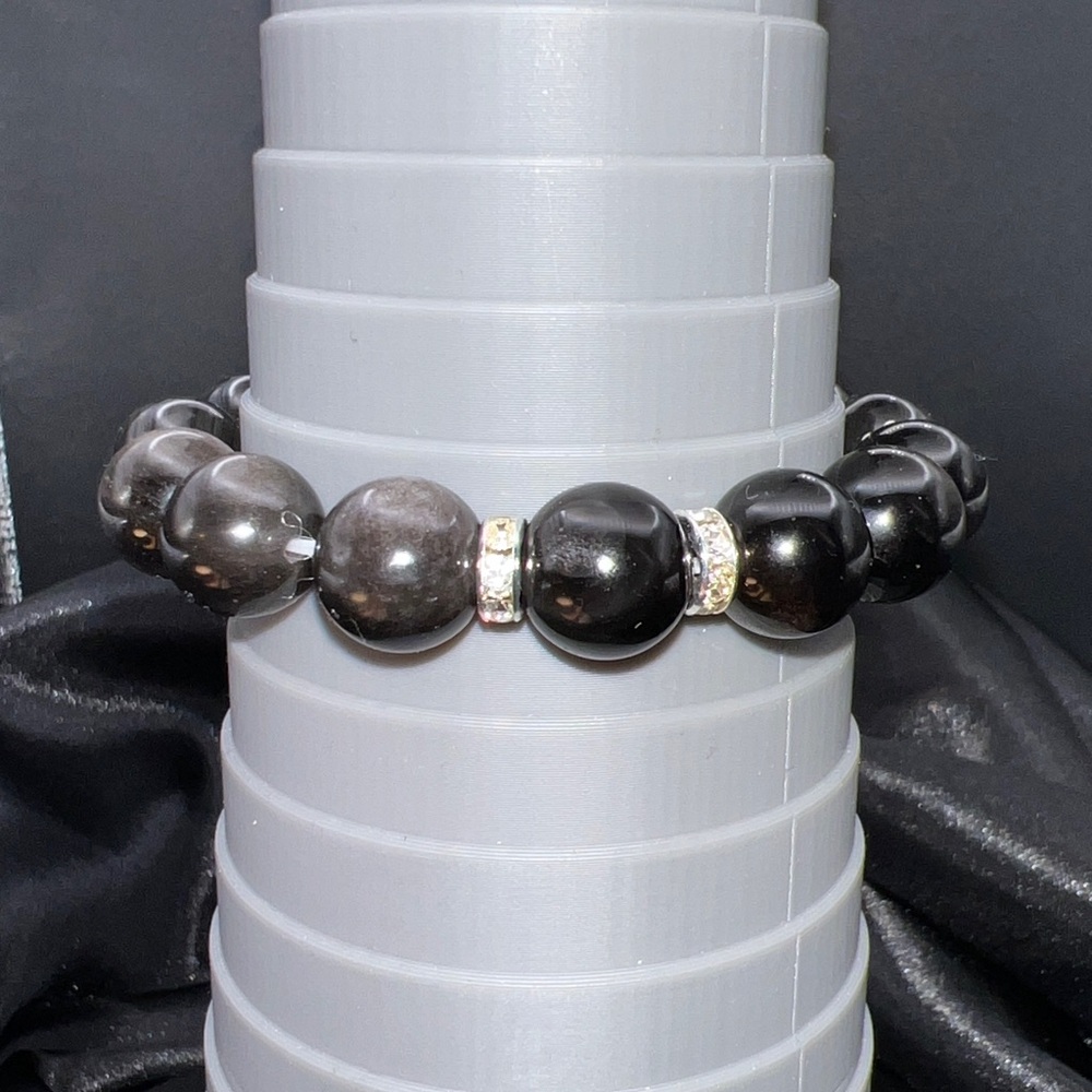 High Quality Silver Sheen Obsidian Stretch Bracelet HANDMADE Double Sided Flower - Picture 5 of 12